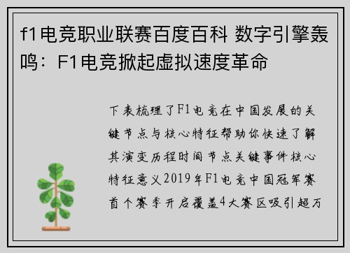 f1电竞职业联赛百度百科 数字引擎轰鸣：F1电竞掀起虚拟速度革命